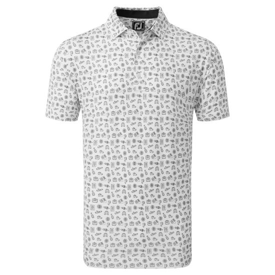 Footjoy Men's Lisle Travel Print Golf Shirt - White/Black