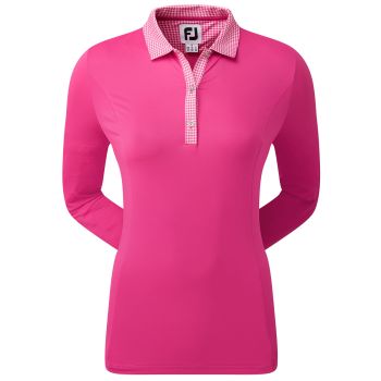 Footjoy Women's Lisle Houndstooth TRM 3/4 Sleeve Golf Polo - Hot Pink/Hot Pink
