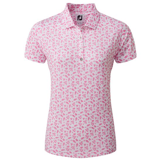 Footjoy Women's Lisle Floral Print Golf Polo - White/Hot Pink